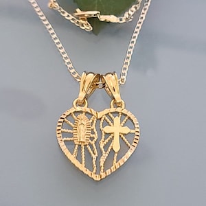 14k Gold Plated Virgin Mary Heart & Cross Necklace | Split/not Split Pendant | Cadena Virgen Cruz Oro Laminado | Deal Today|