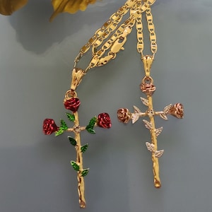 14k Gold Plated Flowers Cross Necklace | Cadena Oro Laminado Cruz con rosas | Special Today | Deal Today