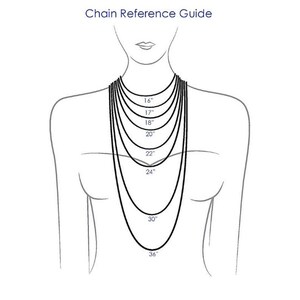 May include: A black and white line drawing titled Chain Reference Guide showing a silhouette of a neck and shoulders with multiple concentric necklace chains. Each chain is labeled with its length in inches: 16, 17, 18, 20, 22, 24, 30, and 36 inches.