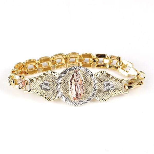 14k Gold Plated Guadalupe Virgin Bracelet With floral design - Virgen de Guadalupe- Mother's Day, Valentine's Day, Christmas - Perfect Gift!