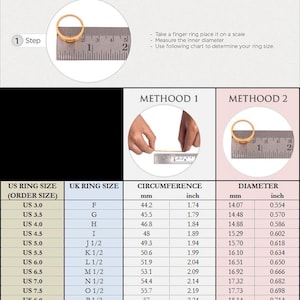 May include: A ring size conversion chart featuring two instructional steps for measuring finger size with paper or thread and a metal ruler. The chart includes columns for US and UK ring sizes, circumference in mm and inches, and diameter in mm and inches.
