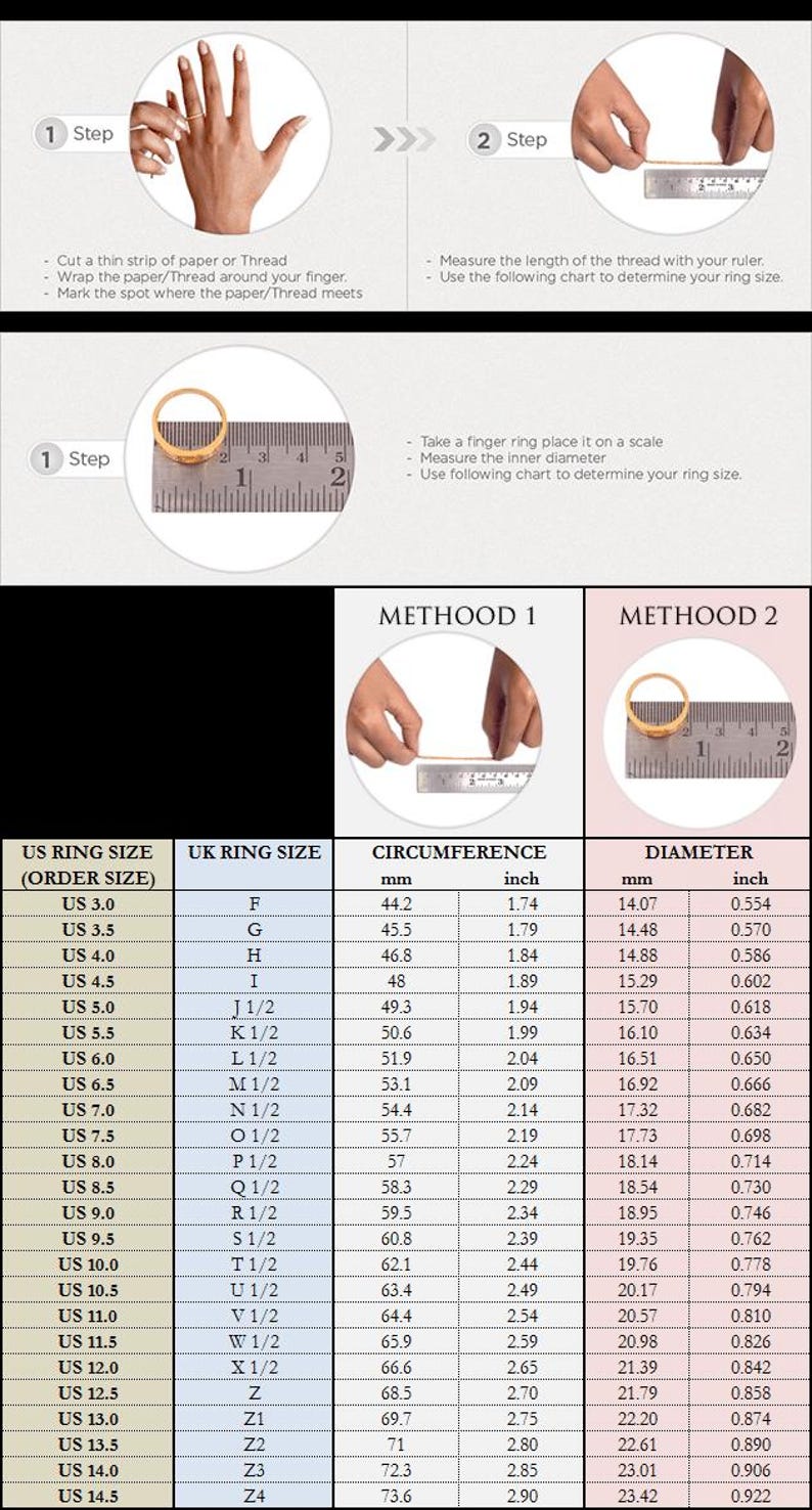 May include: A ring size conversion chart featuring two instructional steps for measuring finger size with paper or thread and a metal ruler. The chart includes columns for US and UK ring sizes, circumference in mm and inches, and diameter in mm and inches.