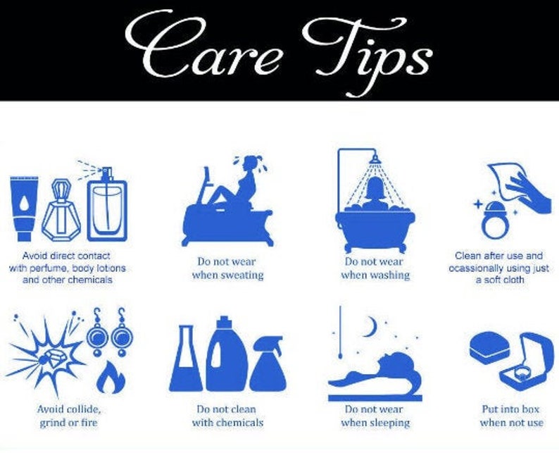 May include: Care tips for jewelry, including avoiding contact with perfume, chemicals, and sweat, as well as cleaning and storage instructions.
