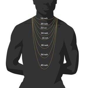 May include: A diagram showing different lengths of gold chains on a person's neck. The chain lengths are labeled in inches, starting at 16 inches and increasing in increments of 2 inches up to 40 inches.