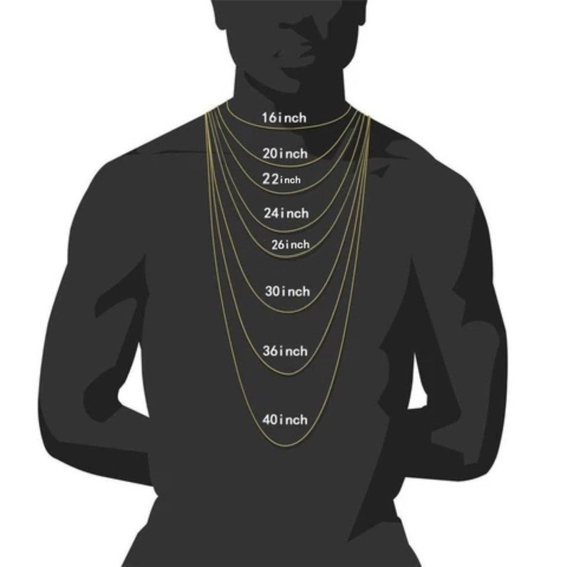 May include: A diagram showing different lengths of gold chains on a person's neck. The chain lengths are labeled in inches, starting at 16 inches and increasing in increments of 2 inches up to 40 inches.