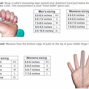 May include: A sizing chart for gloves featuring two diagrams. The top shows a hand measuring width with a tape, and the bottom shows a hand measuring length from palm to middle finger. Tables list sizing in inches for XS through XL categories.