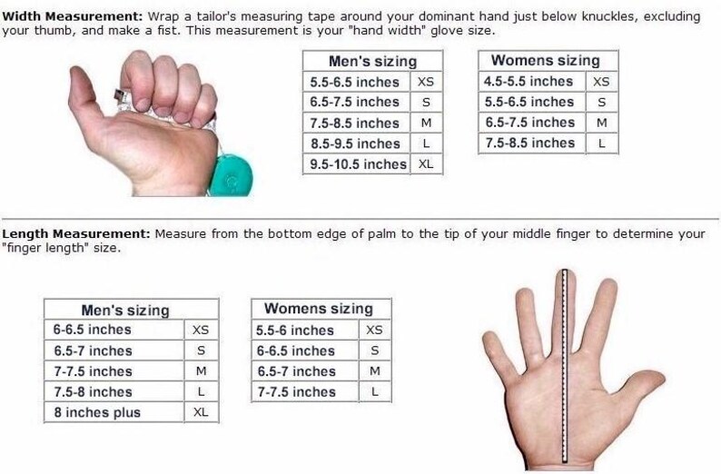May include: A sizing chart for gloves featuring two diagrams. The top shows a hand measuring width with a tape, and the bottom shows a hand measuring length from palm to middle finger. Tables list sizing in inches for XS through XL categories.