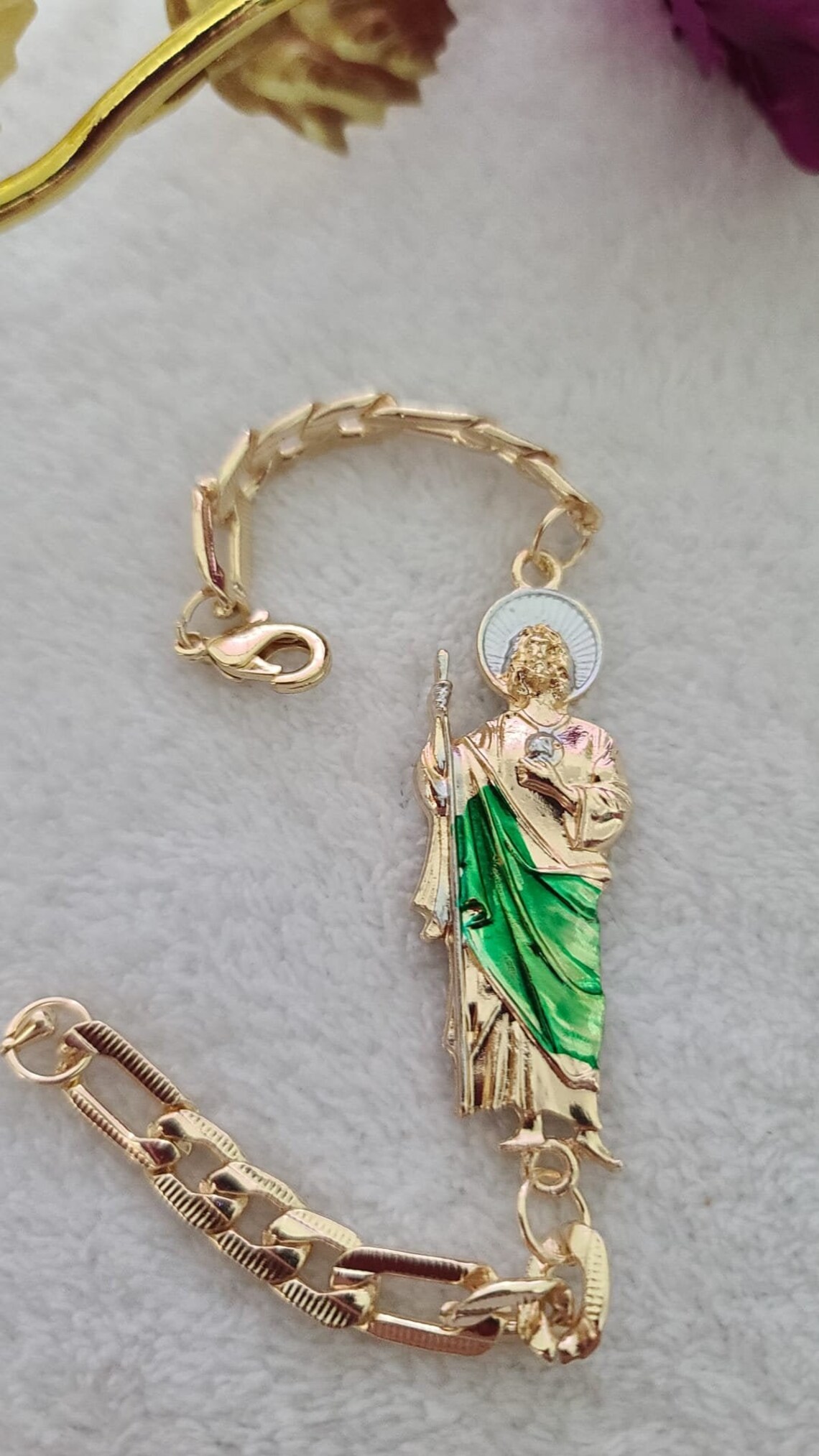 14k Gold Plated Saint Jude Bracelet Cuban Links Brazalete | Etsy