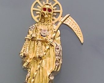 14K Solid Yellow Gold Santa Muerte / Grim Reaper Pendant - Alex And Elsa PT01159