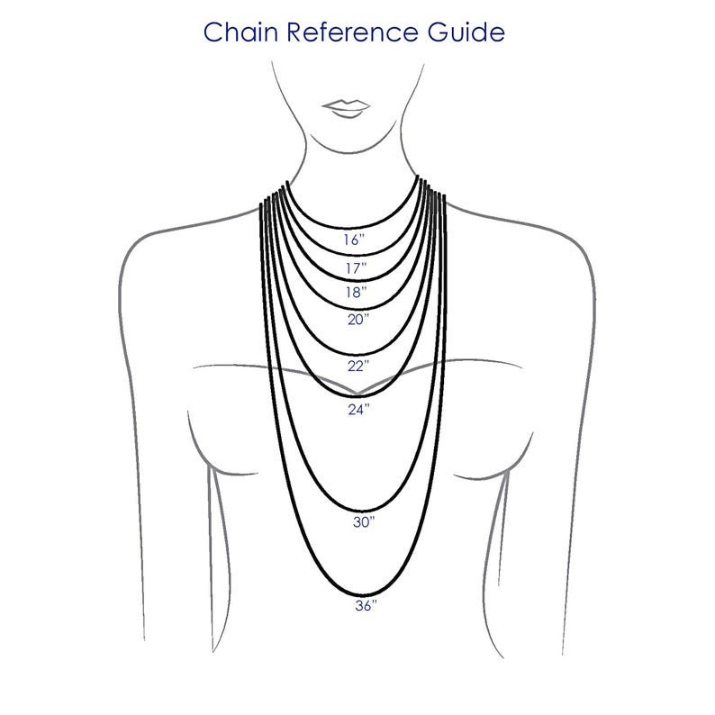 May include: A line drawing of a person wearing a necklace with different lengths marked in inches, from 16 inches to 36 inches.  Chain Reference Guide.
