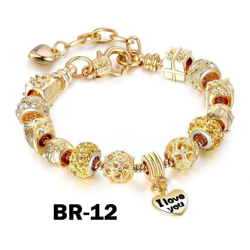May include: Gold-toned charm bracelet with various decorative beads, including gift boxes and sparkling orbs. A heart-shaped charm dangles with the words "I love you." The text "BR-12" is printed in black.