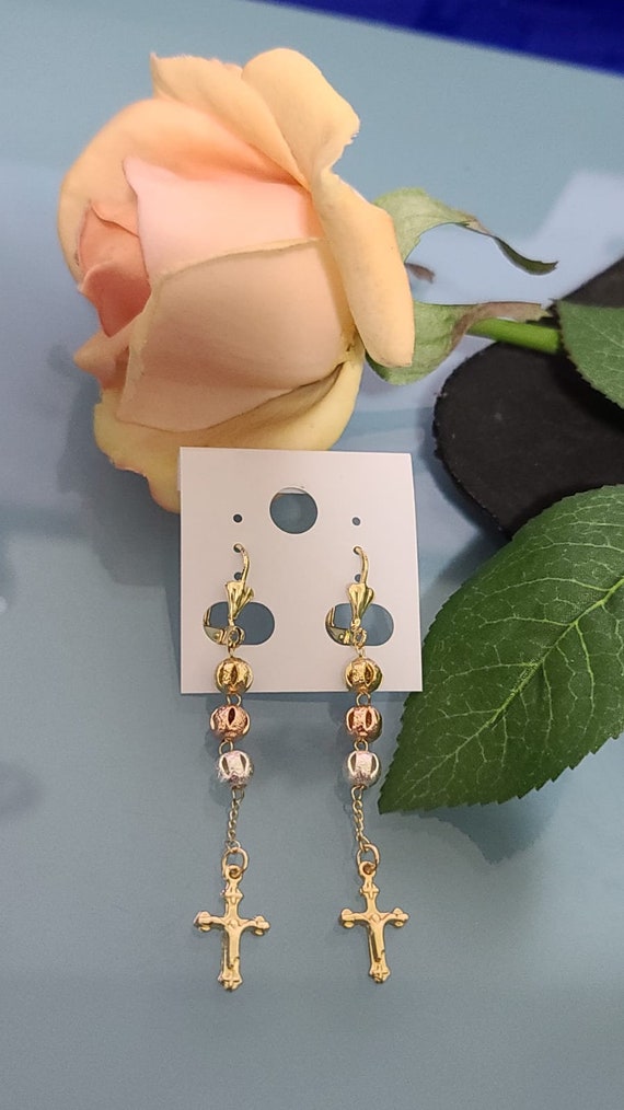 Aretes Largos Joyas Cruz Tricolor Chapado Oro 14k / Aretes Tres