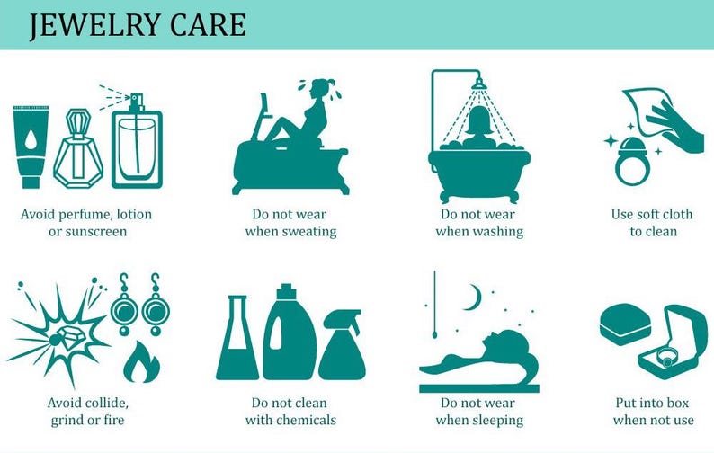 May include: A teal and white infographic with illustrations and text describing jewelry care tips. The tips include avoiding perfume, lotion, or sunscreen; not wearing jewelry while sweating or washing; using a soft cloth to clean; avoiding collisions, grinding, or fire; not cleaning with chemicals; and not wearing jewelry while sleeping. The infographic also suggests putting jewelry into a box when not in use.