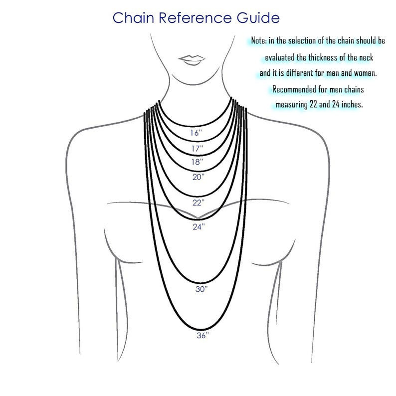 May include: A diagram showing different chain lengths for necklaces, ranging from 16 inches to 36 inches. The diagram shows a person's neck with the chains draped over it. The text "Note: in the selection of the chain should be evaluated the thickness of the neck and it is different for men and women. Recommended for men chains measuring 22 and 24 inches." is included in the image.