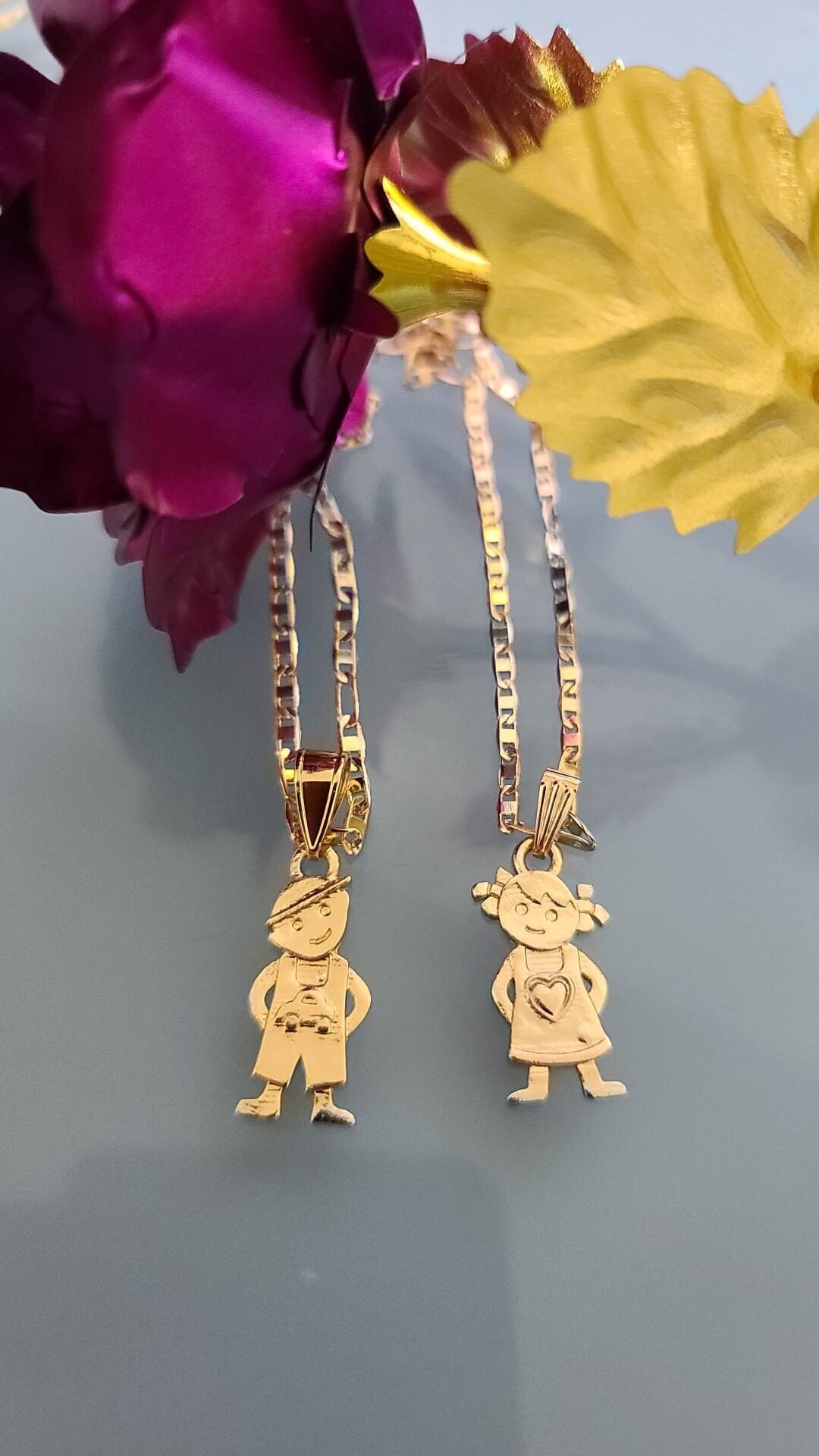18K Gold Plated Kids Charms Family Necklace w Chain Boys n Girls Oro  Laminado