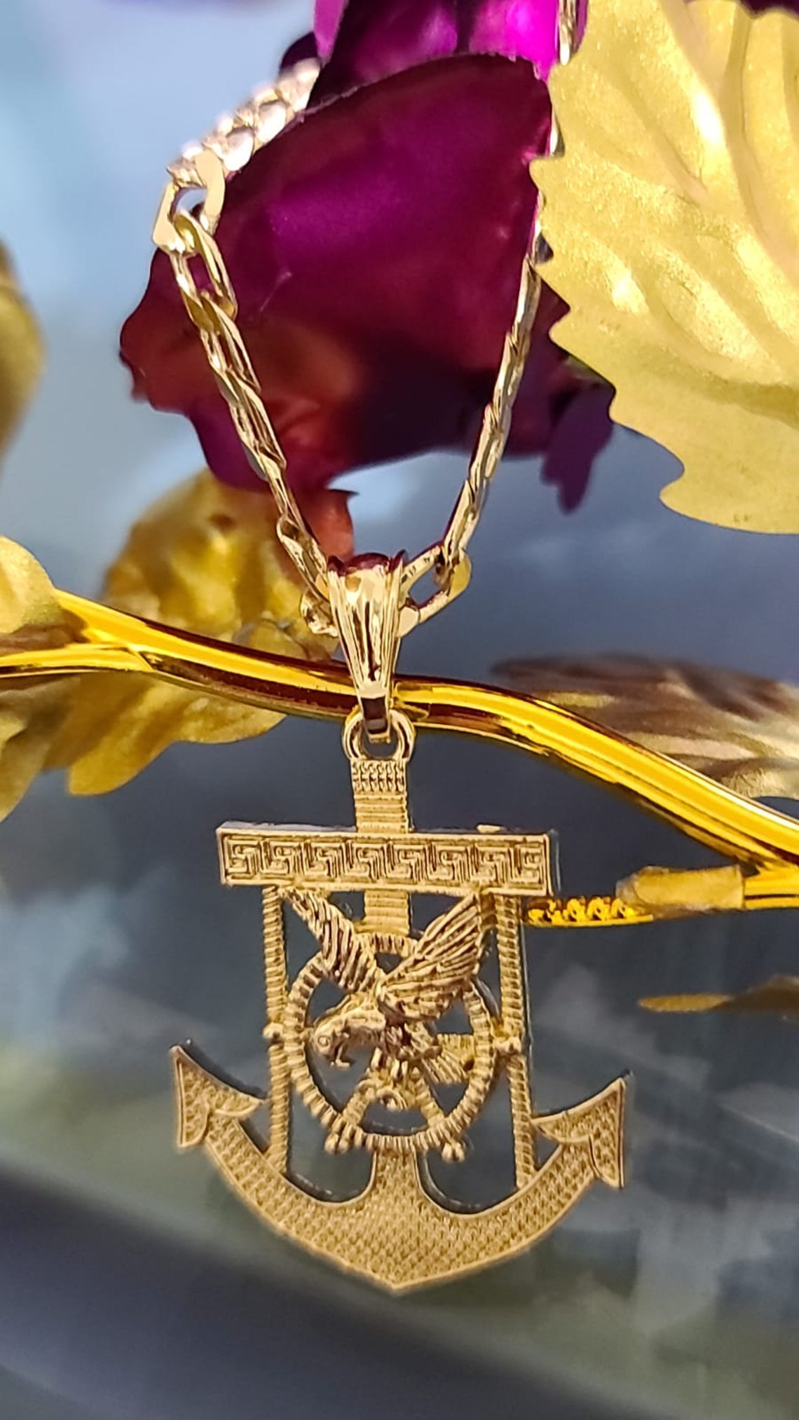 14k Tricolor Gold Plated Anchor Eagle Pendant & Chain Collar Etsy España