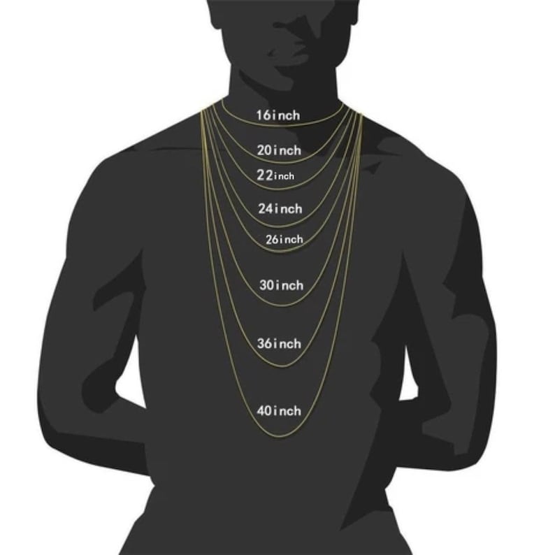 May include: A silhouette of a person wearing a gold chain necklace with different lengths marked in inches, from 16 inches to 40 inches.