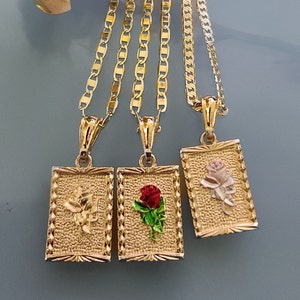 14k Gold Plated  | Rose Flower Necklace | Square Portrait Rose Pendant  | Cadena de Rosa  | Rose Flower Jewelry  | Oro Laminado
