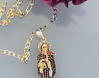 May include: Gold-tone necklace with a pendant depicting a figure in a hooded robe, adorned with black and red accents. The chain is a classic link style. A dark purple flower is in the background.