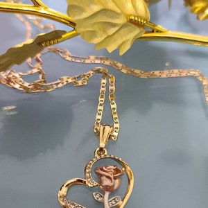 May include: A gold heart-shaped pendant necklace with a rose design. The rose is pink and white and has a stem with leaves. The necklace has a delicate chain.