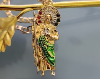 14K Gold Filled Saint Jude Round Religious Medallion Pendant Micro Pave San Judas Tadeo Necklace Charm H-929