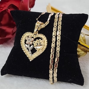 14k Gold Plated Heart & Rose Necklace | Cadena  Rosa y Corazon  |  Oro Laminado  | Valentine&#39;s Day | Christmas | Deal Today |