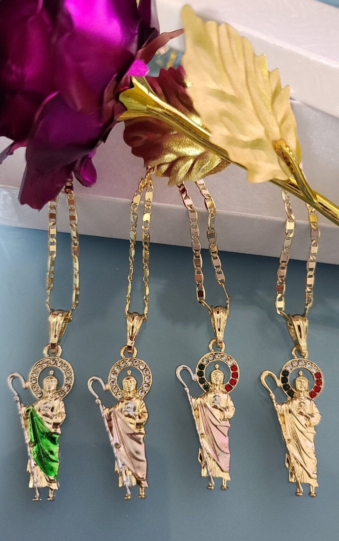 14k Tricolor Gold Plated St Jude Necklace | San Judas Cadena | Oro ...