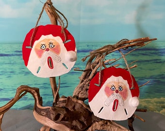 Sand Dollar Santa Ornament, Handmade Ornaments, Sea Shell Ornaments, Coastal Christmas Ornament, Beach Christmas