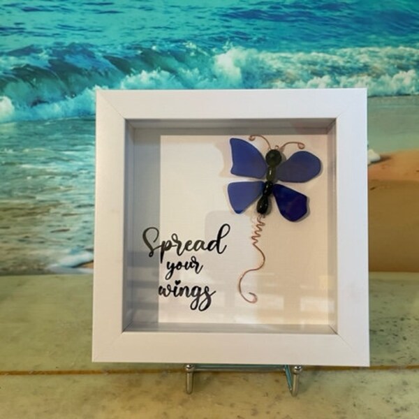 Sea Glass Butterfly Shadow Box, Sea Glass Art. Spread Your Wings, Coastal Decor, Beach Decor