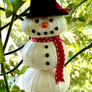 Handmade Sea Urchin Snowman Ornament, Coastal Christmas Decor (4" Tall)