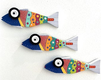 Fish Decor, Fish Art, Minnow School, 3-Piece Set Wooden Fish, Beach Decor, Wall Art, Nautical Decor, Hand Painted Fish, Colorful Fish