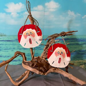 May include: Two painted sand dollar ornaments with Santa Claus faces, hanging from driftwood against a blue sky and ocean background.