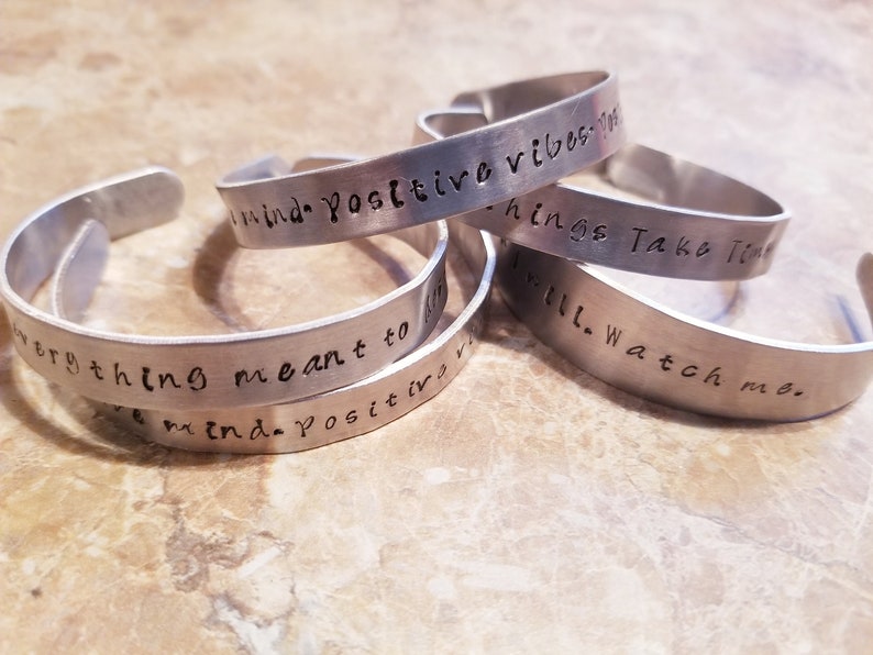 Custom hand stamped aluminum metal cuff bracelets image 1