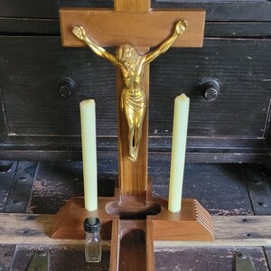 Vintage Last Rites Crucifix / Catholic Religious Sacrament Set with holy water bottle and two candles