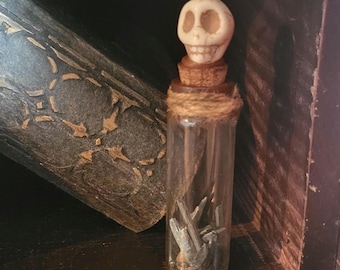 Corpse Crystal Vial 5gr raw Vivianite mineral with Howlite skull