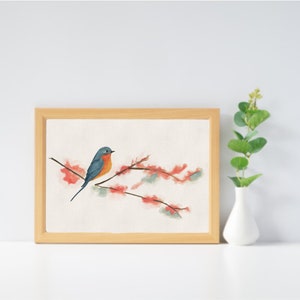 Bluebird Watercolor Print, Bluebird On Branch Print and Sticker, Pastel Bird Print