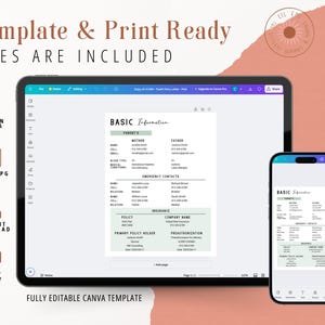 May include: A digital screen displaying a printable template for basic information. The template includes sections for parents, emergency contacts, insurance, and police. The template is fully editable in Canva and includes PDF and JPG files.