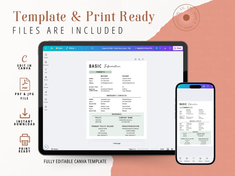 May include: A digital screen displaying a printable template for basic information. The template includes sections for parents, emergency contacts, insurance, and police. The template is fully editable in Canva and includes PDF and JPG files.