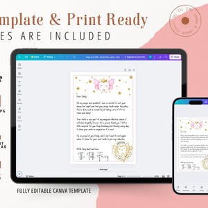Puede incluir: Plantilla de Canva editable para una carta de hada de los dientes. La carta presenta un hada de los dientes rosa y dorada con una corona y alas. El texto dice: "Querido/a [Nombre], &iexcl;Oh, qu&eacute; valiente y brillante! Estaba tan emocionada de encontrar tu diente aqu&iacute; esta noche y encontrar tu hermosa sonrisa saludable debajo de la almohada. Has hecho un trabajo maravilloso cuidando tus preciosos dientes y tu sonrisa."