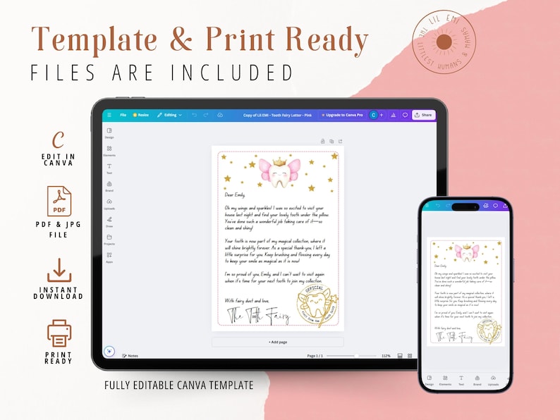 Puede incluir: Plantilla de Canva editable para una carta de hada de los dientes. La carta presenta un hada de los dientes rosa y dorada con una corona y alas. El texto dice: "Querido/a [Nombre], &iexcl;Oh, qu&eacute; valiente y brillante! Estaba tan emocionada de encontrar tu diente aqu&iacute; esta noche y encontrar tu hermosa sonrisa saludable debajo de la almohada. Has hecho un trabajo maravilloso cuidando tus preciosos dientes y tu sonrisa."