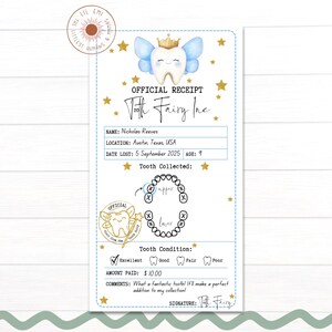 Editable Blue Tooth Fairy Receipt Printable, First Tooth Lost, Realistic Tooth Fairy Letter, Kids Canva Template Digital Download