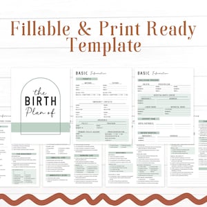 May include: Printable birth plan template with a green and white design. The template includes sections for basic information, preferences for the first stage of labor, pain management, and newborn care.