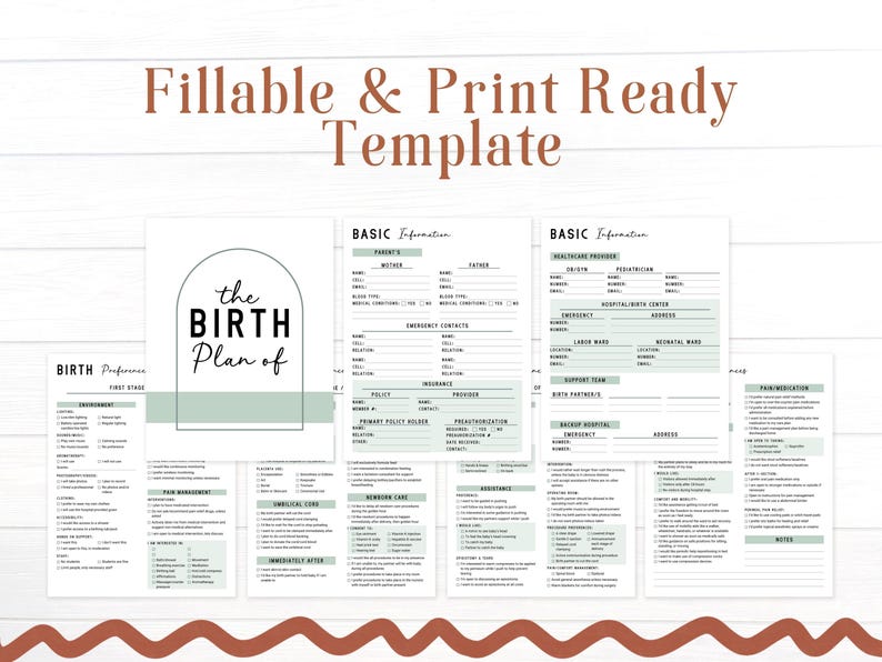 May include: Printable birth plan template with a green and white design. The template includes sections for basic information, preferences for the first stage of labor, pain management, and newborn care.