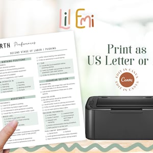 May include: A printable checklist for birth preferences, with sections for birthing positions, assistance, cesarean section, operating room, procedure preferences, and pain/comfort management. The checklist is titled "Birth Preferences: Second Stage of Labor/Pushing".