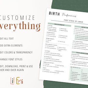 May include: A printable checklist for birth preferences, with sections for environment, monitoring, pain management, and what the birthing person is interested in. The checklist includes options for lighting, sounds, aromatherapy, photography, clothing, accessibility, support, and staff. The checklist also includes options for cervical checks, fetal monitoring, pain management interventions, and what the birthing person is interested in, such as breathing exercises, movement, meditation, and aromatherapy.