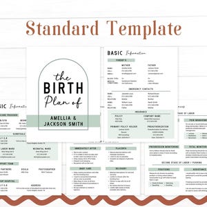 May include: A printable birth plan template with a green and white color scheme. The template includes sections for basic information, healthcare provider, labor and delivery, and postpartum care. The text "the birth plan of Amelia & Jackson Smith" is at the top of the page.