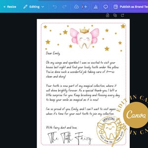 Puede incluir: Una nota de la hada de los dientes rosa y blanca con estrellas doradas y un mensaje escrito a mano que dice: "Querida Emily, &iexcl;Oh, mis alas y mis brillos! Estaba tan emocionada de visitar tu casa anoche y encontrar tu precioso diente debajo de la almohada. Has hecho un trabajo maravilloso cuid&aacute;ndolo, &iexcl;est&aacute; tan limpio y brillante! Tu diente ahora forma parte de mi colecci&oacute;n m&aacute;gica, donde brillar&aacute; eternamente. Como agradecimiento especial, te dej&eacute; una peque&ntilde;a sorpresa. Sigue cepill&aacute;ndote los dientes y usando hilo dental todos los d&iacute;as para mantener tu sonrisa tan m&aacute;gica como lo es ahora. Estoy muy orgullosa de ti, Emily, y no puedo esperar a visitarte de nuevo cuando sea el momento de que tu pr&oacute;ximo diente se una a mi colecci&oacute;n. Con polvo de hadas y amor, El Hada de los Dientes."