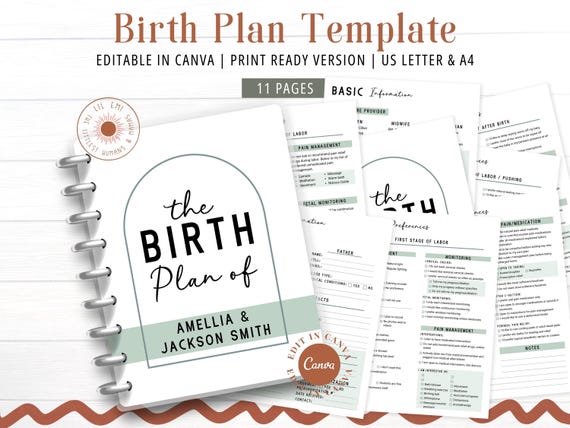 Ultimate Birth Plan Template, Editable Labor and Delivery Plan, Canva Template Printable PDF for Doulas, Natural Birth Plan Checklist