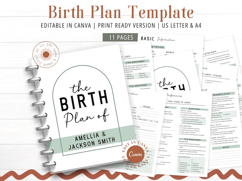 May include: A printable birth plan template in a binder with 11 pages. The cover features a white background with a green arch and the text "the BIRTH Plan of Amelia & Jackson Smith".