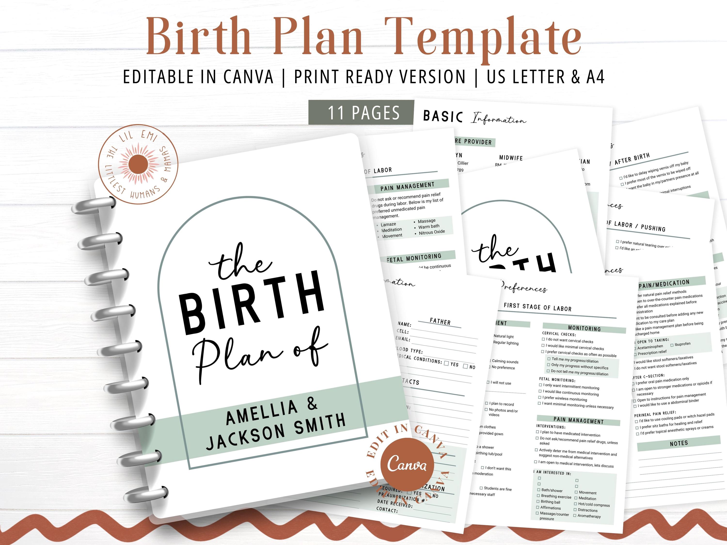 Ultimate Birth Plan Template, Editable Labor and Delivery Plan, Canva Template Printable PDF for Doulas, Natural Birth Plan Checklist